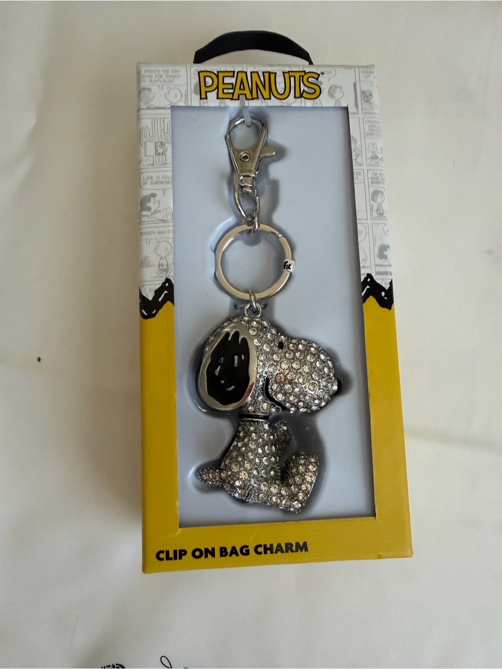 NIB Coach Silver and Black Rhinestone Snoopy Clip-On Charm Purse Charm Key Ring